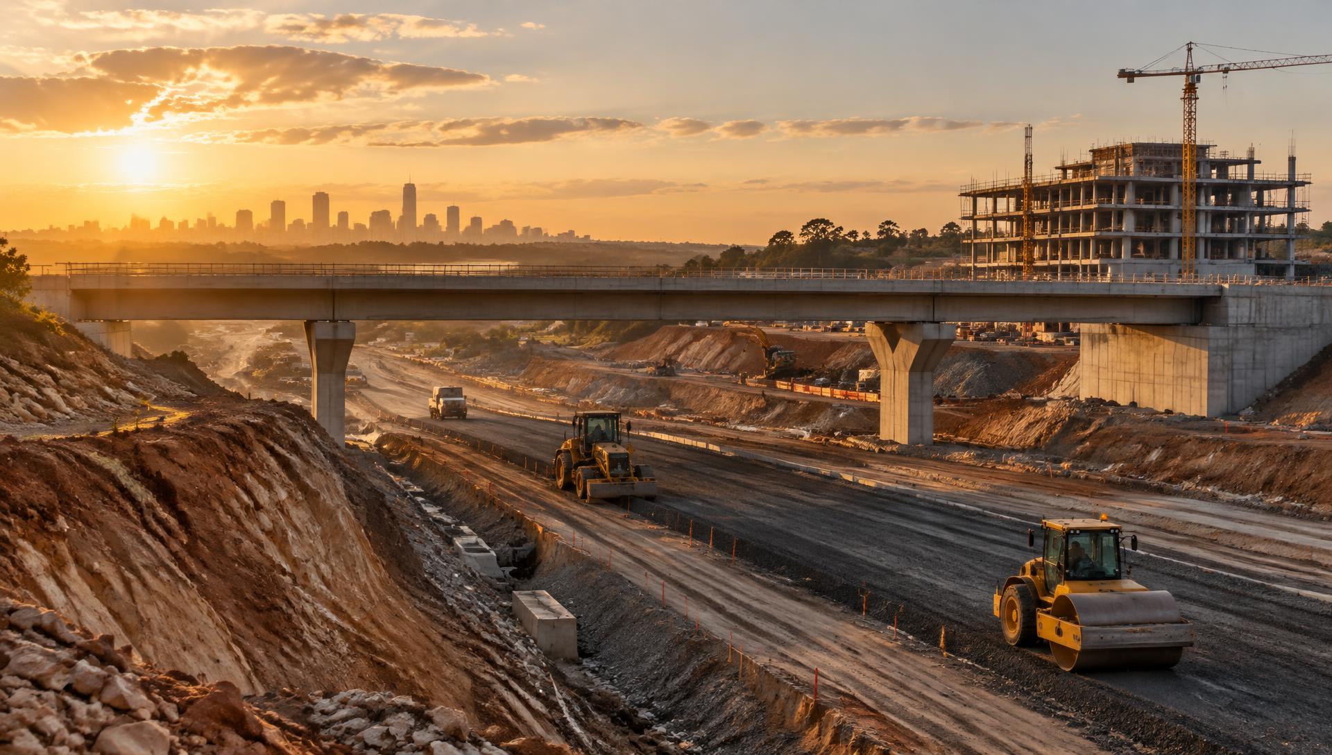 Bridge, road and building under construction at sunset